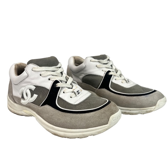 CHANEL Shoes - Chanel Low Top CC Trainer Suede Gray & White Sneakers Size: EU(38) US(7.5)